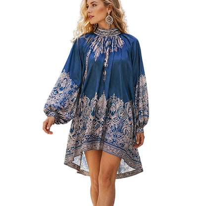 Women Vintage Floral High Neck Cape Dress