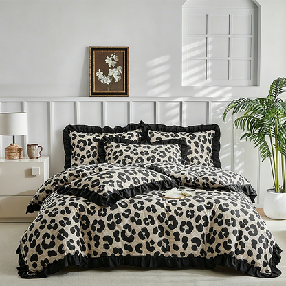 🛌Leopard Print Ruffle Duvet Cover Set – 3-Piece Bedding Set