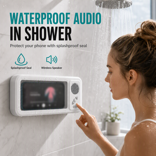 ⏳🔥LIMITED-TIME 50% OFF! Wall Mounted Waterproof Phone Case with Bluetooth Speaker and Touch Screen Phone Holder for Bathroom and Shower